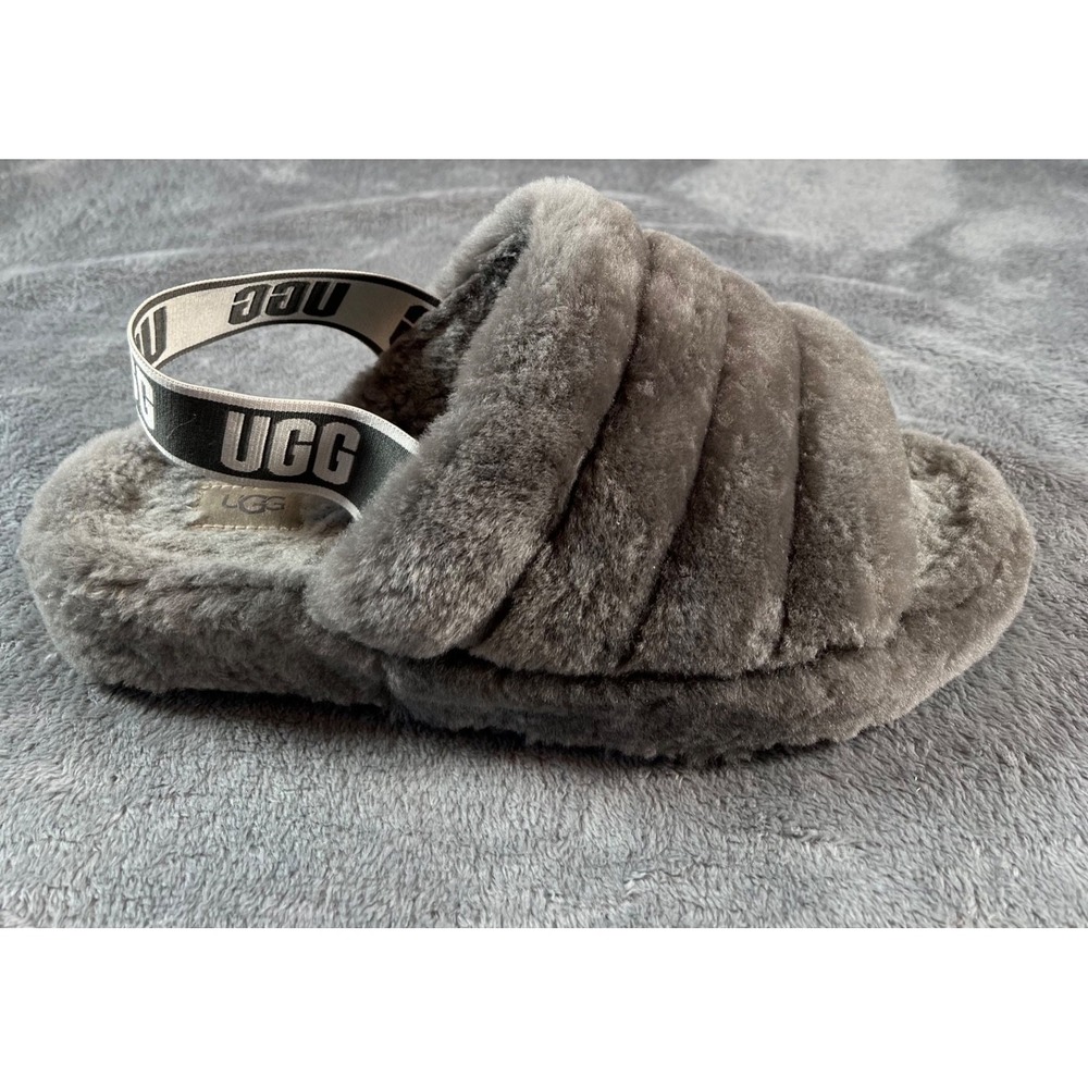 UGG Fluff Yeah Slides Womens 11 Charcoal Gray Sheepskin Slippers